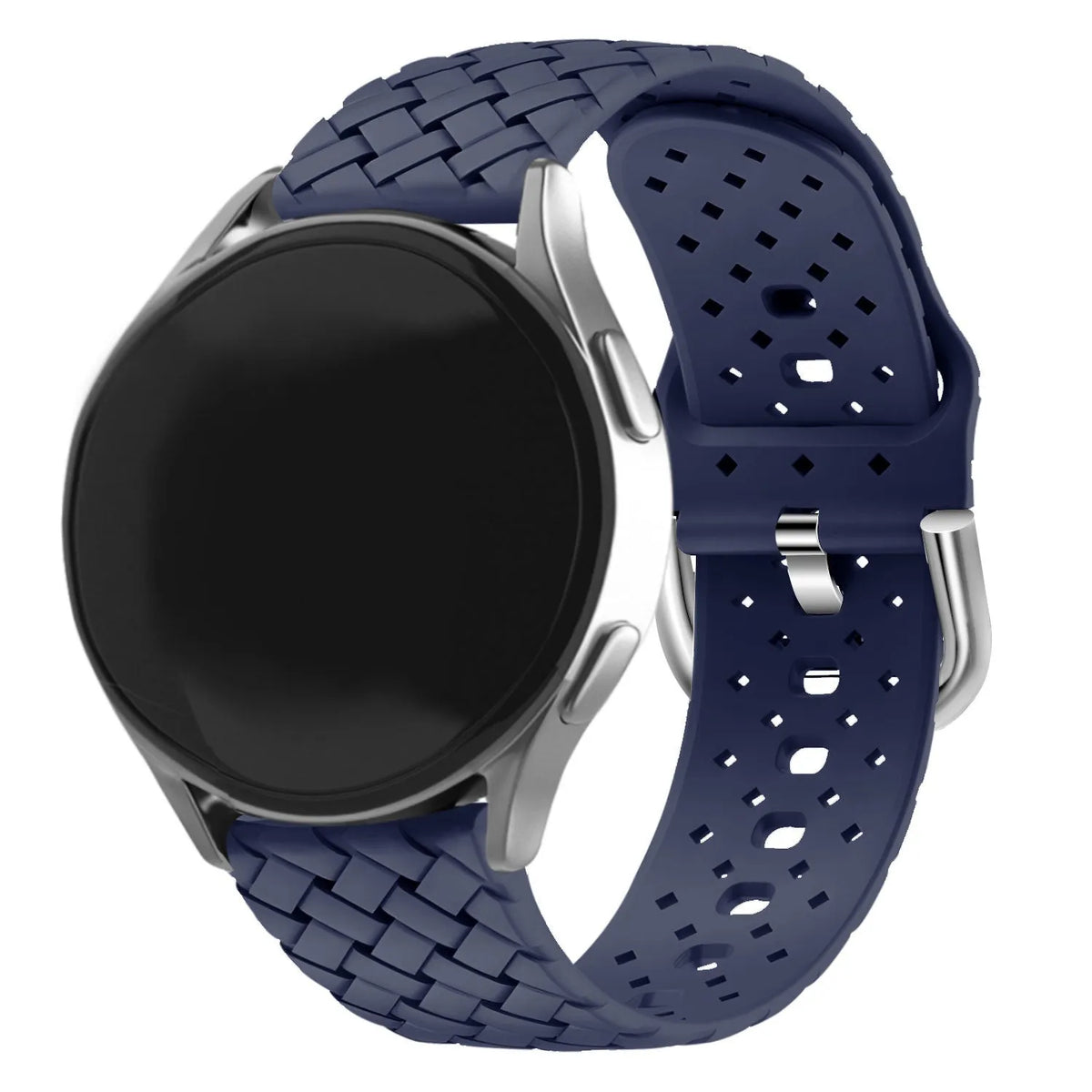 Braided Silicone Strap, dark blue, on a watch, 3/4 rear view