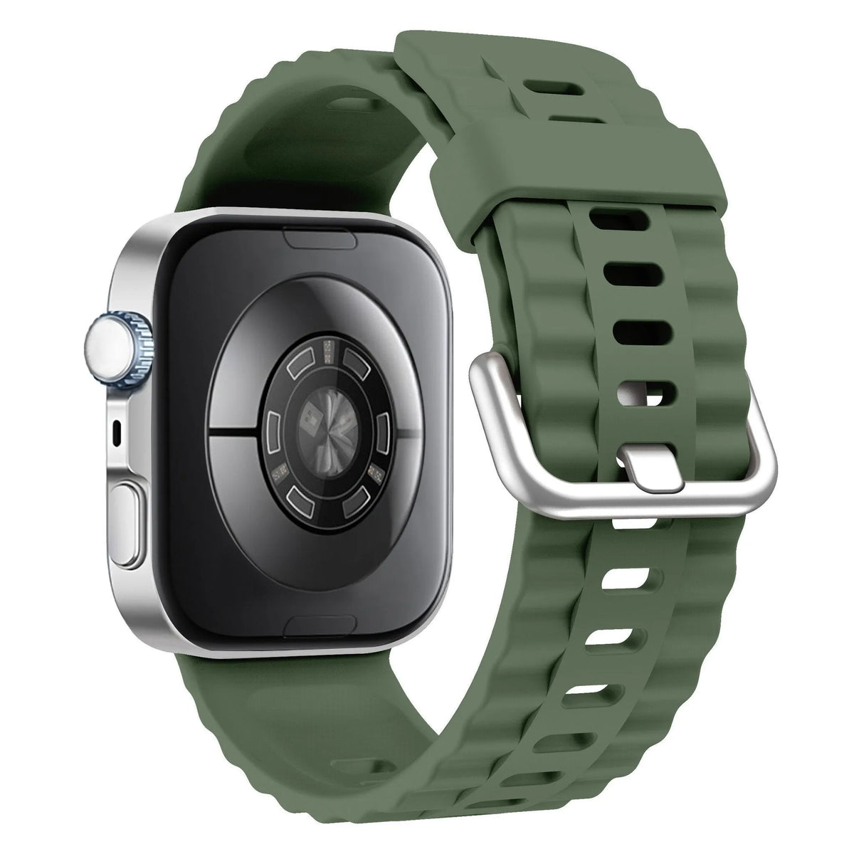 Silicone Classic Strap, dark green, on a watch, 3/4 rear view