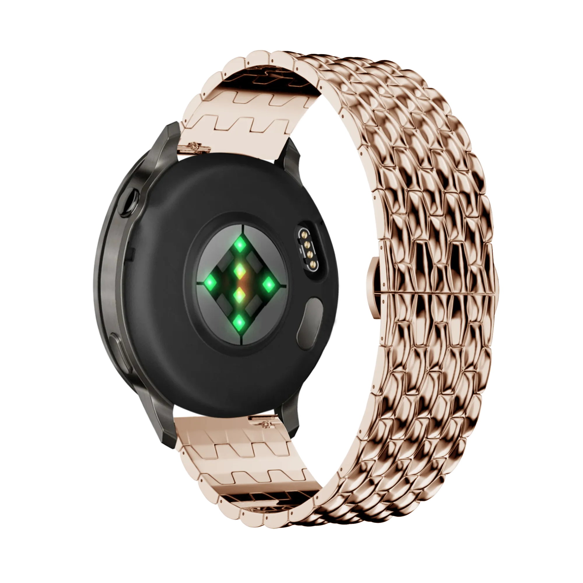 Steel Strap 'Dragon', rose gold, on a watch, 3/4 rear view