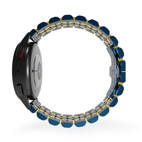 Steel Link Strap 'Duo', blue/gold, on a watch, 3/4 rear view