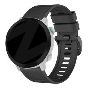 Buckled Silicone Strap, black, on a watch, 3/4 rear view