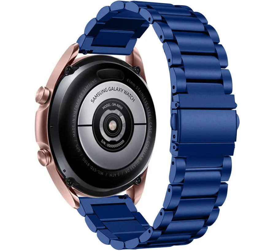 Steel Strap, blue, on a watch, 3/4 rear view