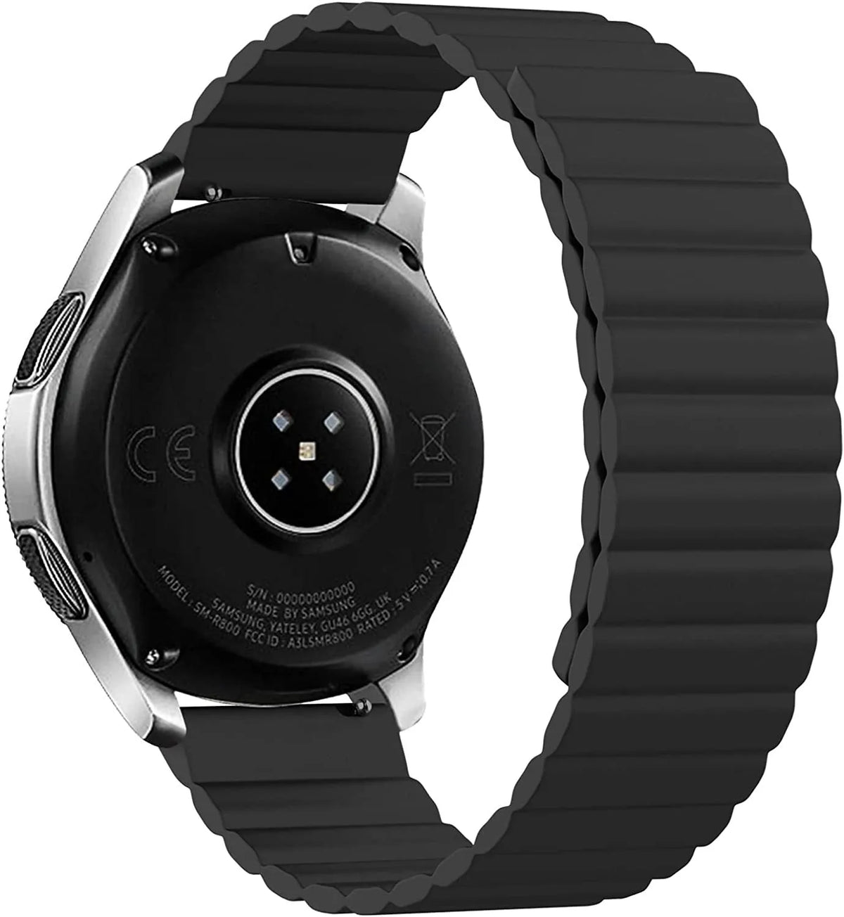 Magnetic Silicone Strap, black, on a watch, 3/4 rear view