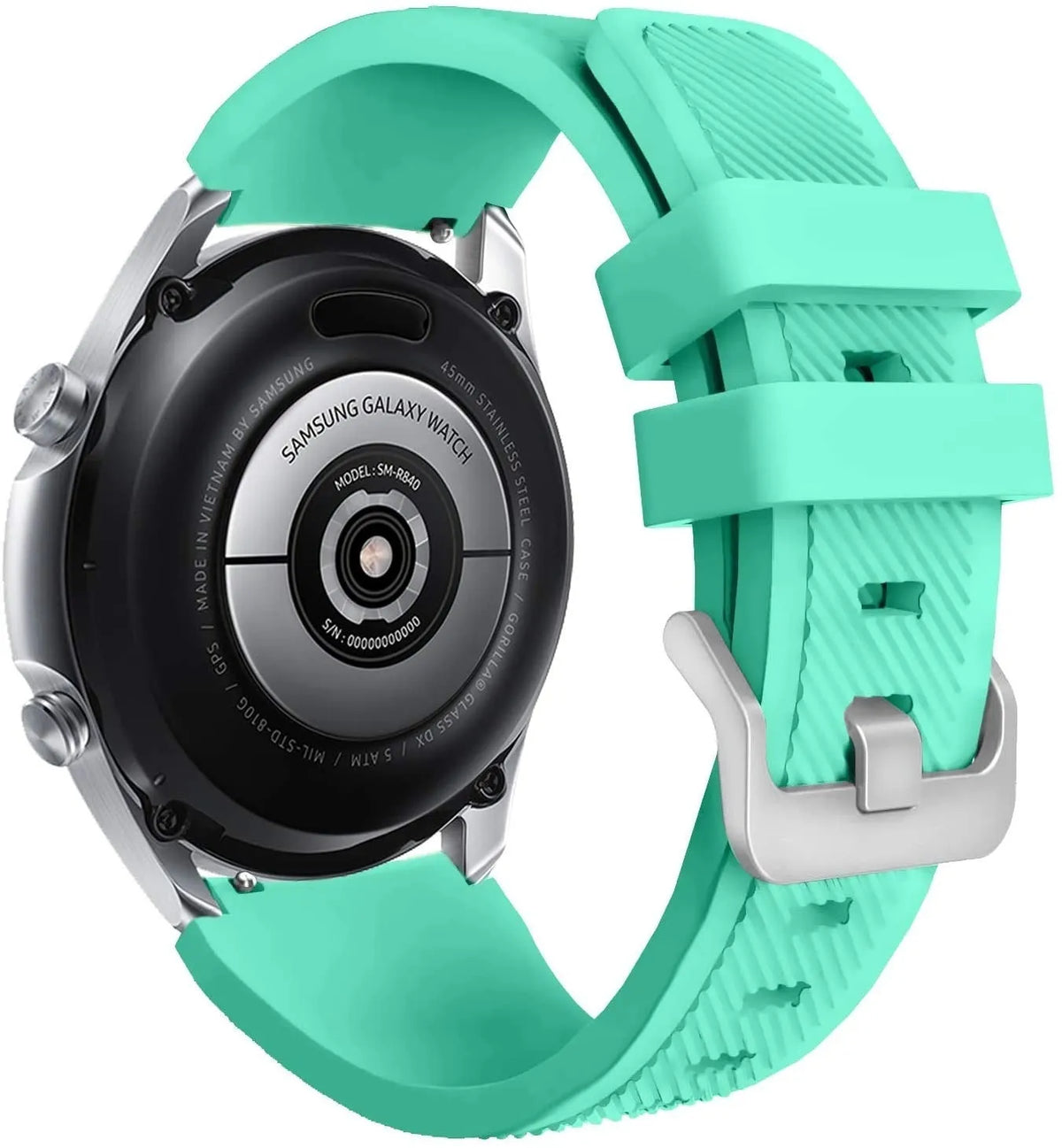Twill Silicone Strap, aqua, on a watch, 3/4 rear view