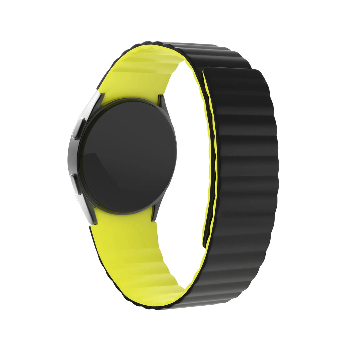Magnetic Silicone Strap, black/yellow, on a watch, 3/4 rear view
