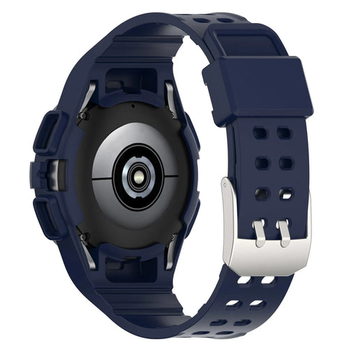 Silicone Strap with Frame, dark blue, on a watch, 3/4 rear view