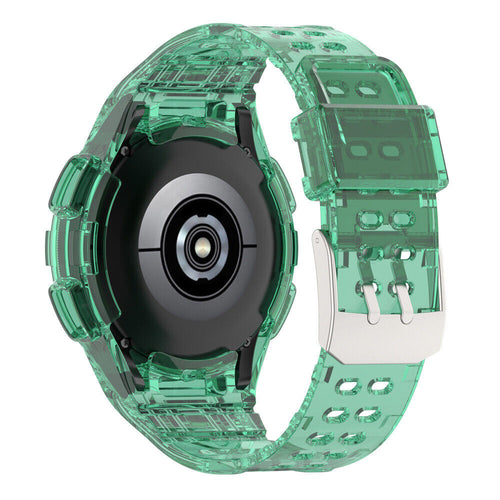 Silicone Strap with Frame, transparent green, on a watch, 3/4 rear view