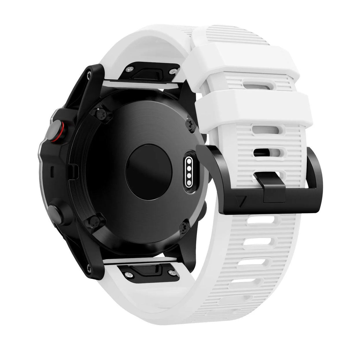 Silicone Strap, white, on a watch, 3/4 rear view