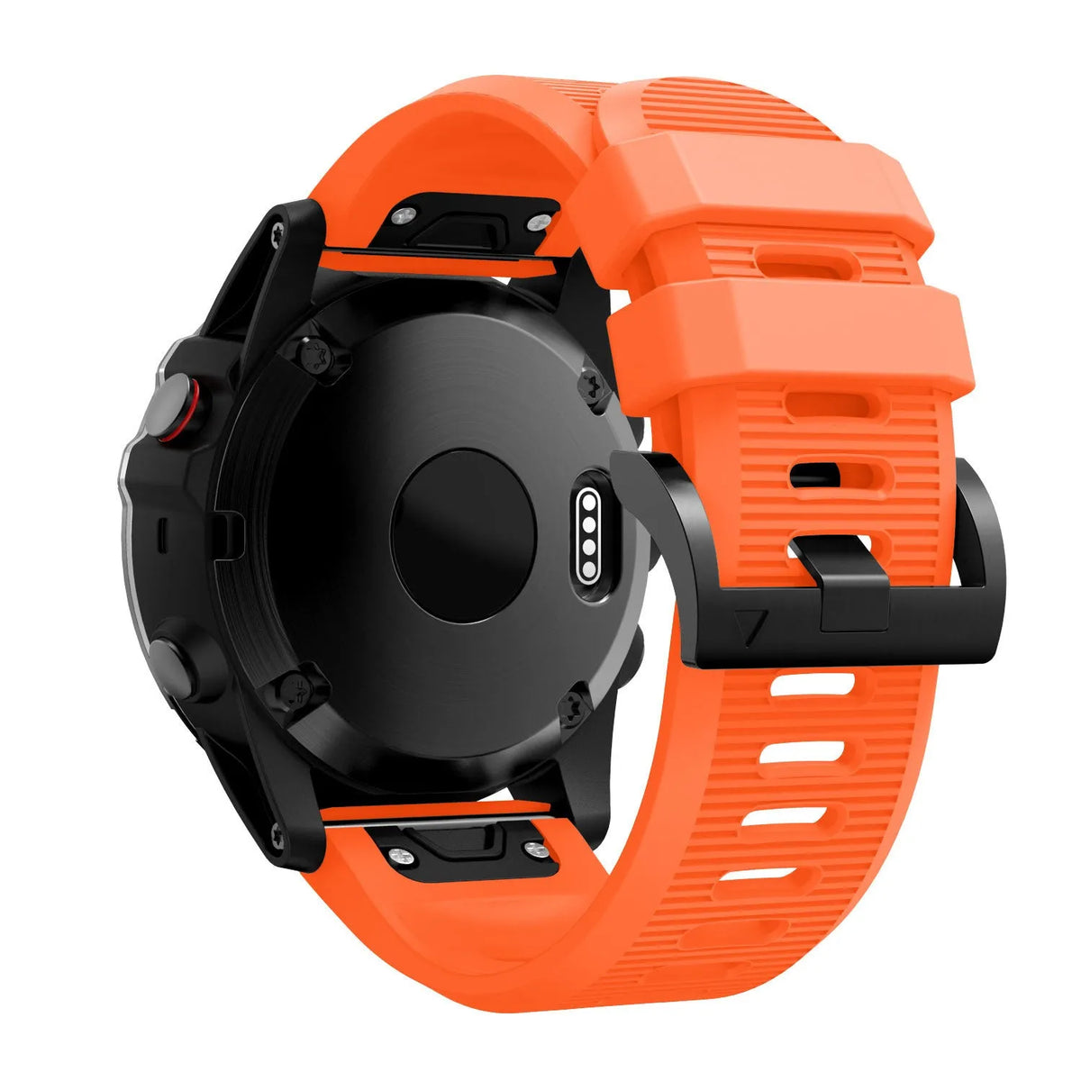 Silicone Strap, orange, on a watch, 3/4 rear view
