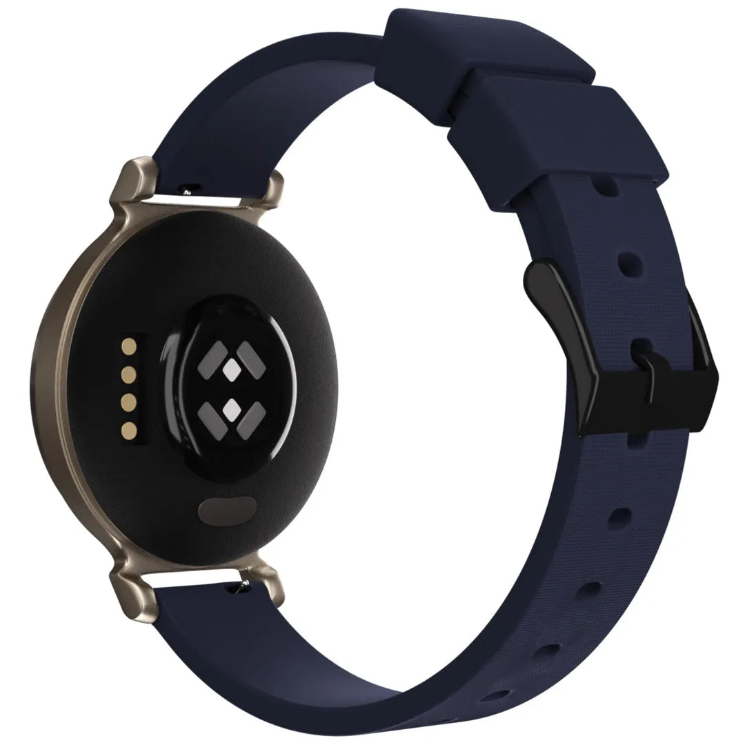 Luxury Silicone Strap, dark blue, on a watch, 3/4 rear view