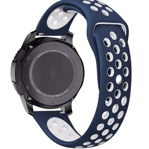 Silicone Sport Strap, blue/white, on a watch, 3/4 rear view