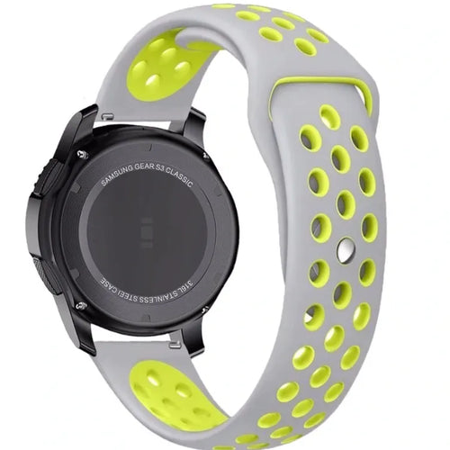 Silicone Sport Strap, grey/yellow, on a watch, 3/4 rear view