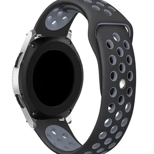 Silicone Sport Strap, black/grey, on a watch, 3/4 rear view