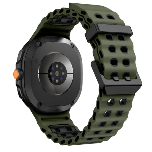 Silicone Ocean Strap, olive green/black, on a watch, 3/4 rear view