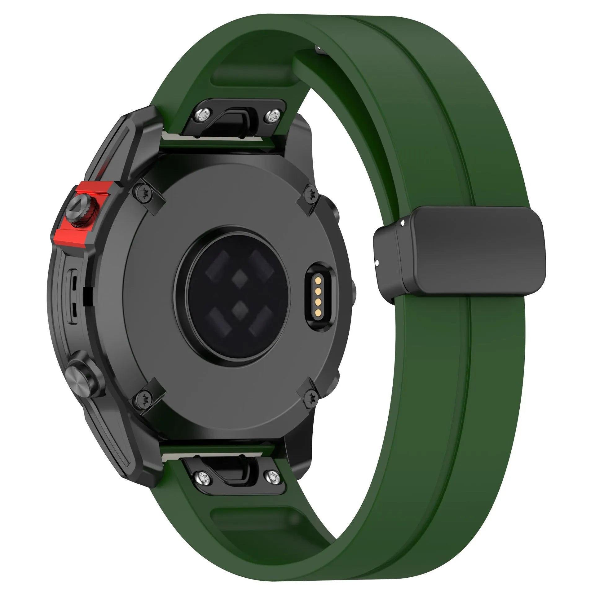 D-Buckle Silicone Strap, army green, on a watch, 3/4 rear view