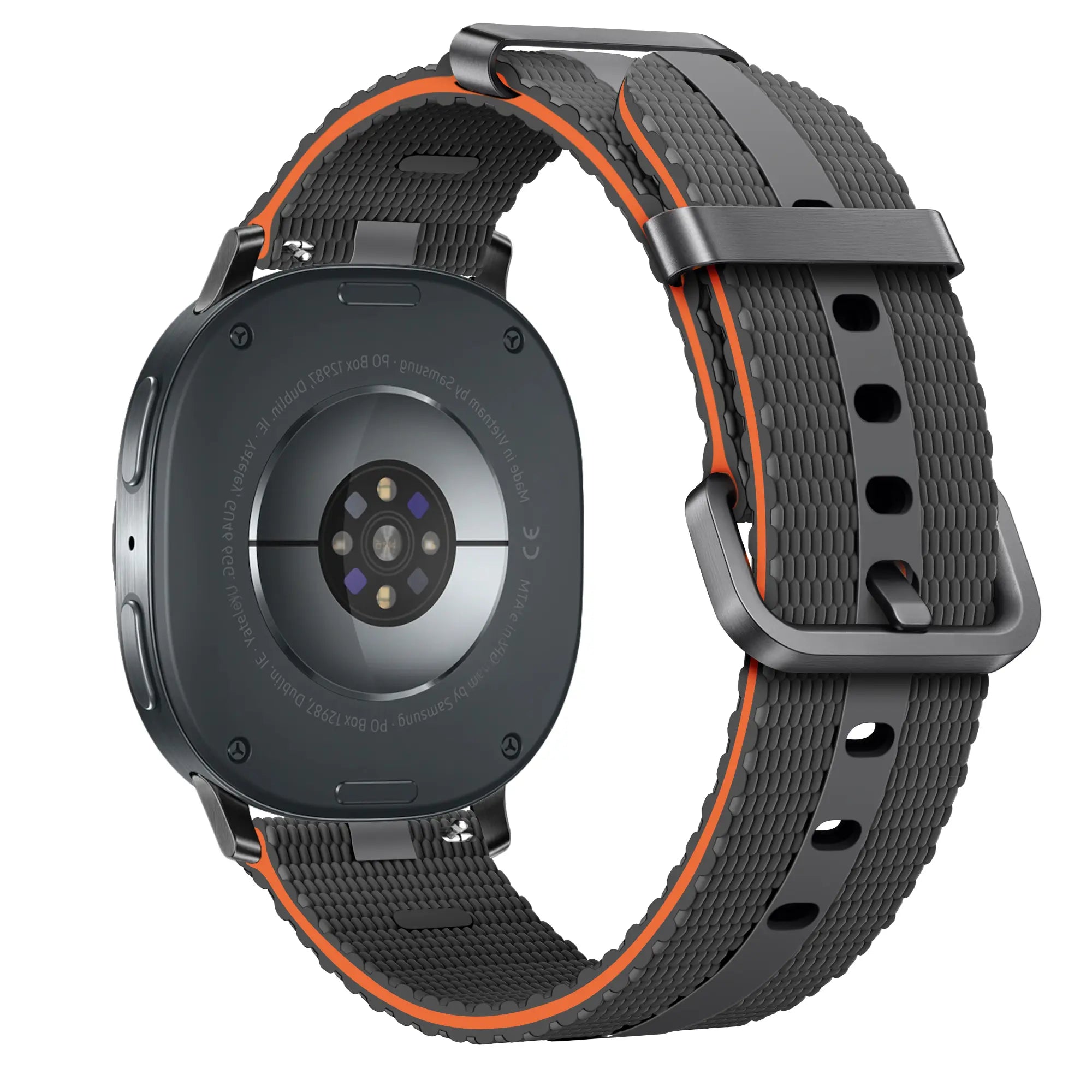 Silicone Active Strap, dark grey/orange, on a watch, 3/4 rear view