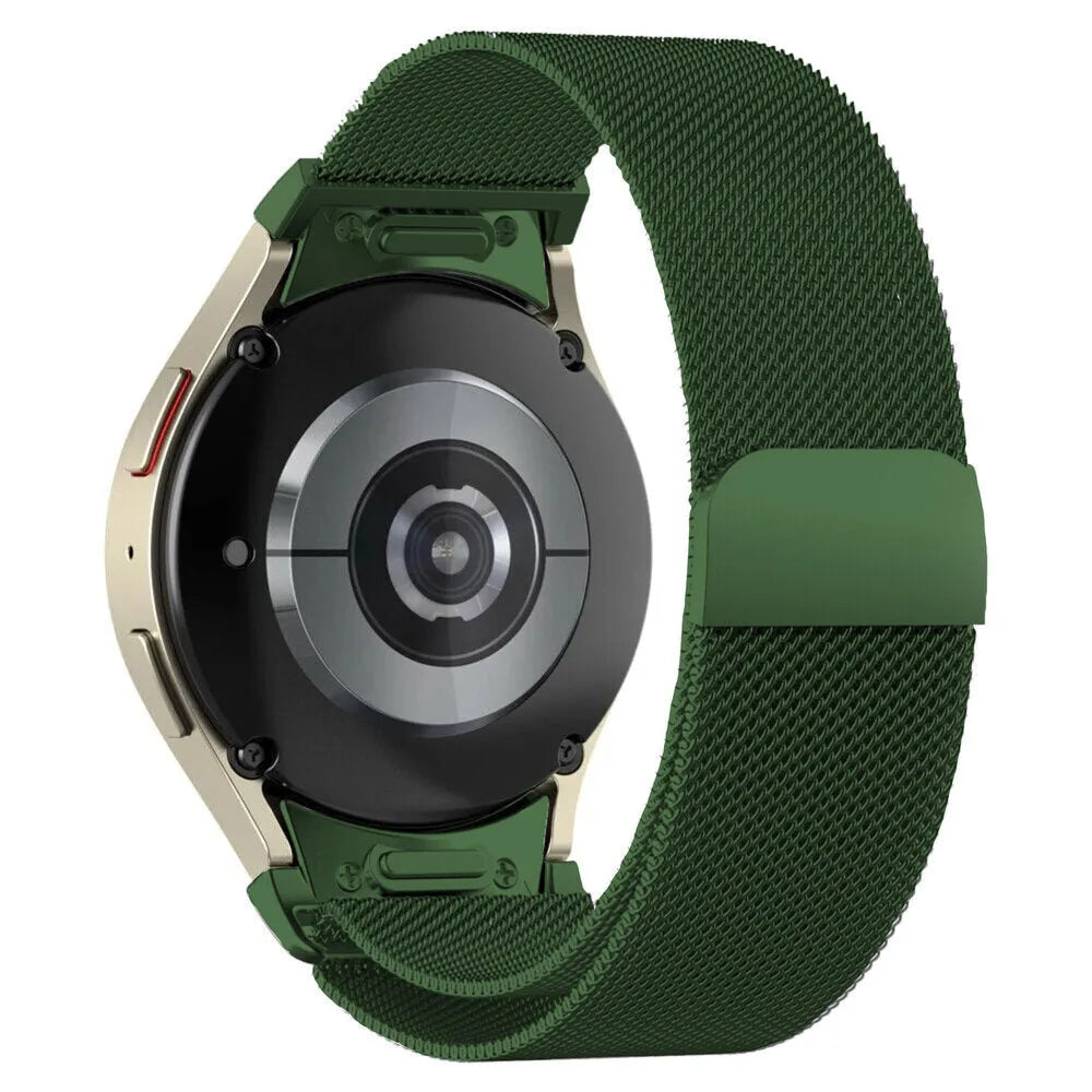 Milanese Strap 'One Push', green, on a watch, 3/4 rear view
