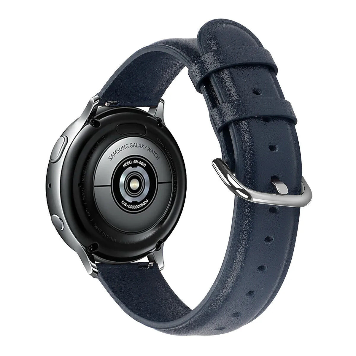 Leather Strap, dark blue, on a watch, 3/4 rear view
