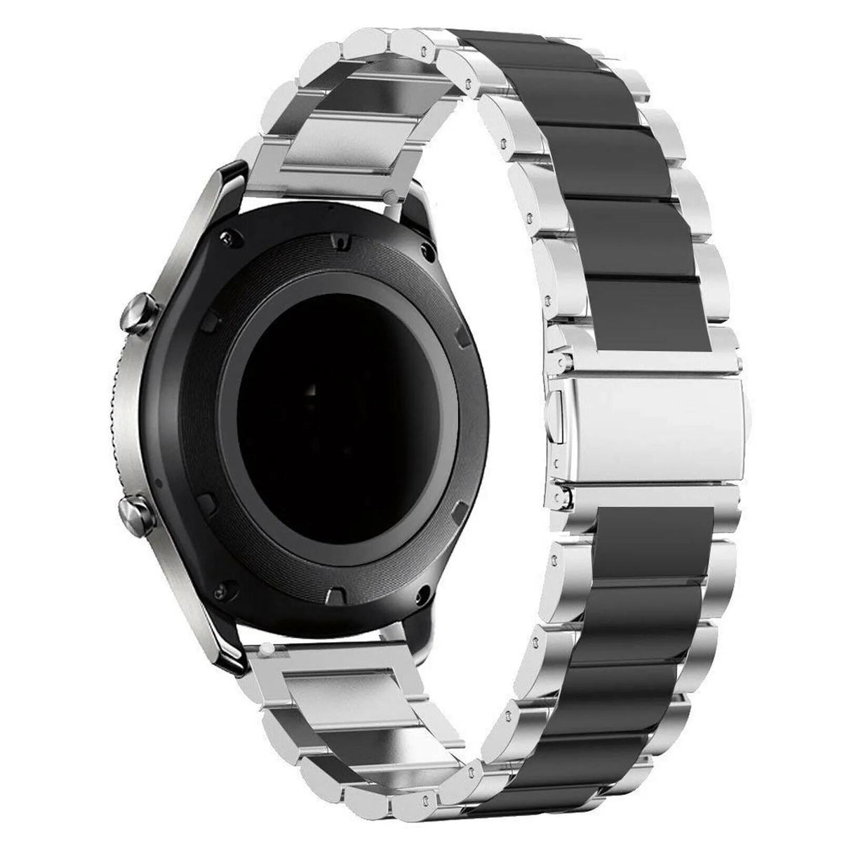 Steel Strap, silver/black, on a watch, 3/4 rear view