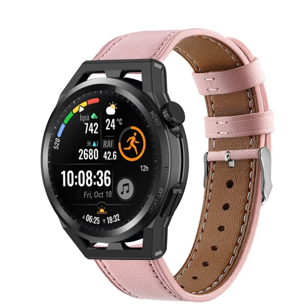 Modern Leather Strap, pink, on a watch, 3/4 rear view