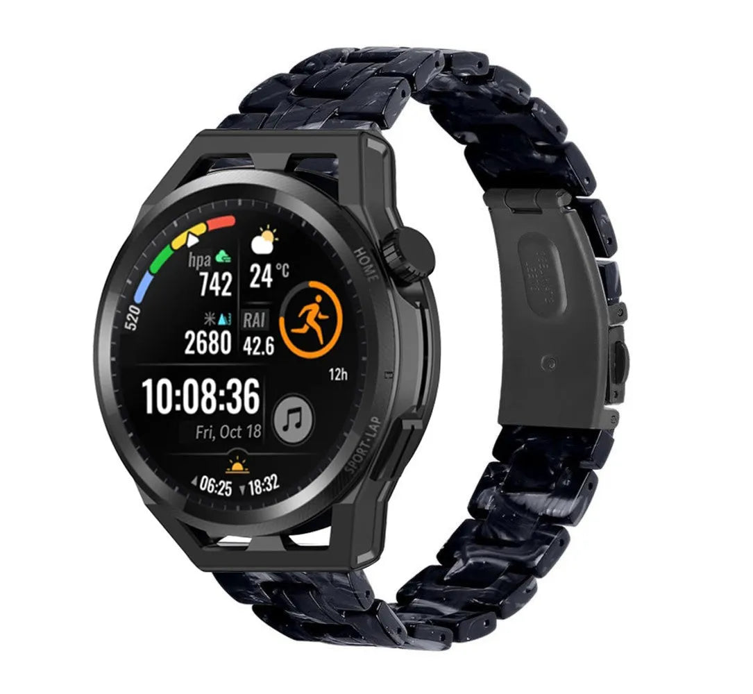 Metal Resin Strap, black/white, on a watch, 3/4 rear view