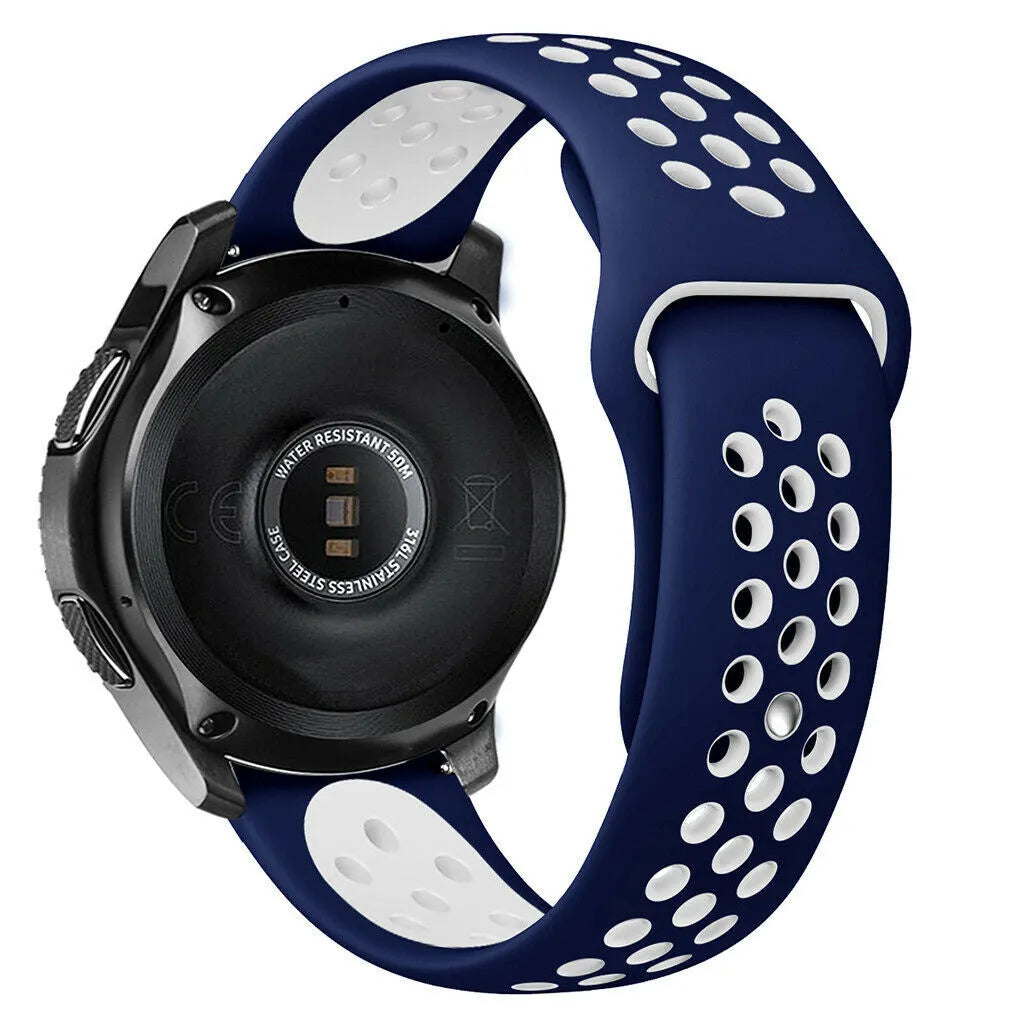 Silicone Sport Strap, blue/white, on a watch, 3/4 rear view