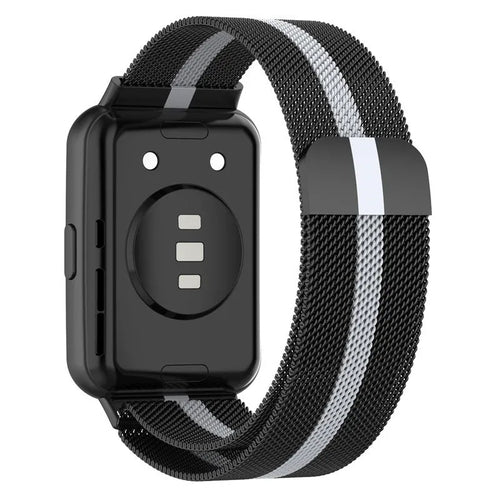 Milanese Strap, black/silver, on a watch, 3/4 rear view