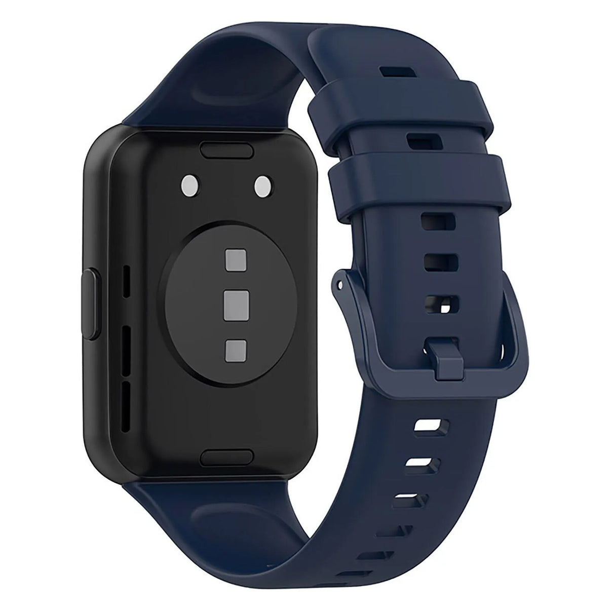 Silicone Strap, dark blue, on a watch, 3/4 rear view