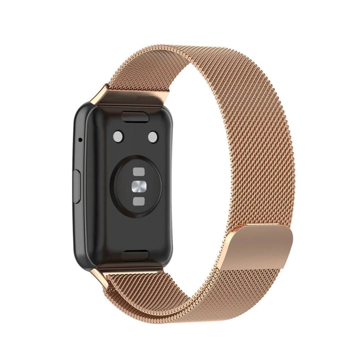 Milanese Strap, rose gold, on a watch, 3/4 rear view