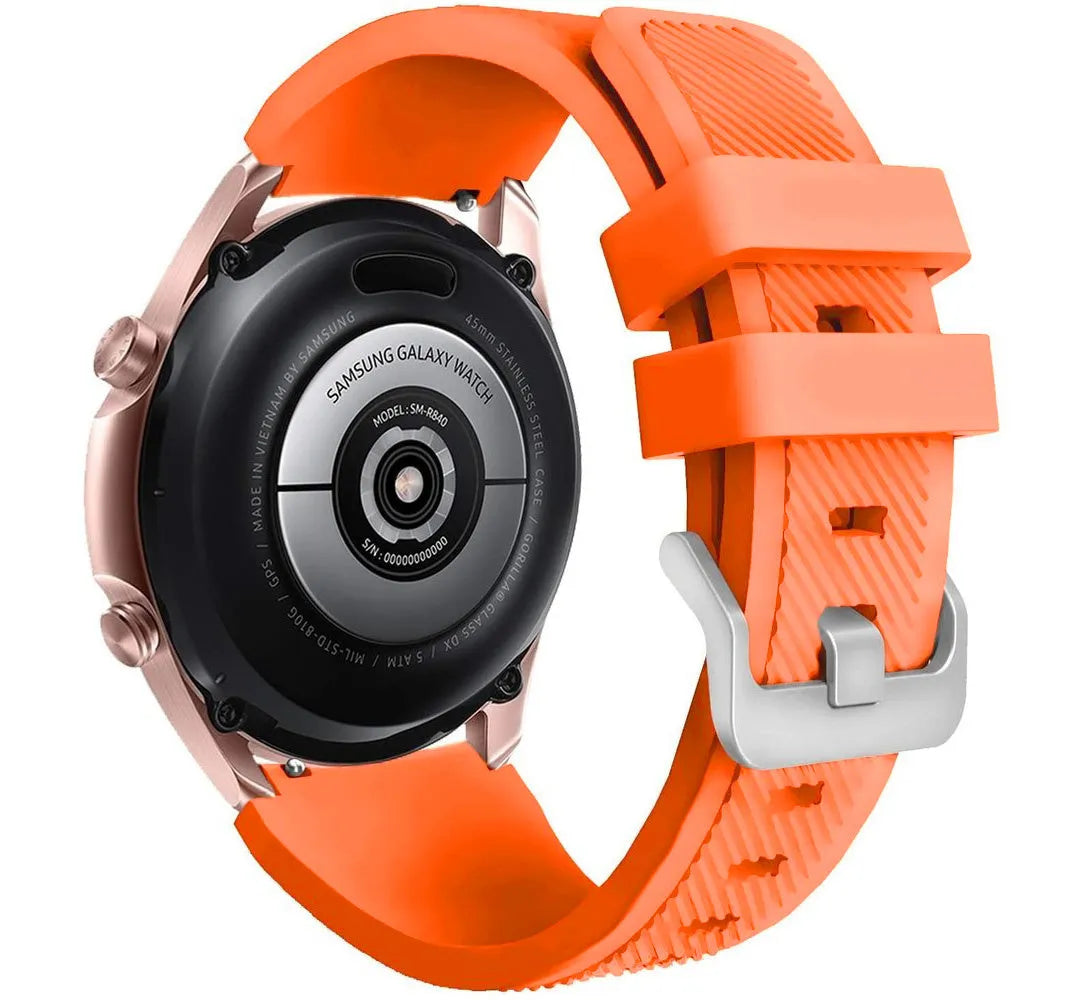 Twill Silicone Strap, orange, on a watch, 3/4 rear view