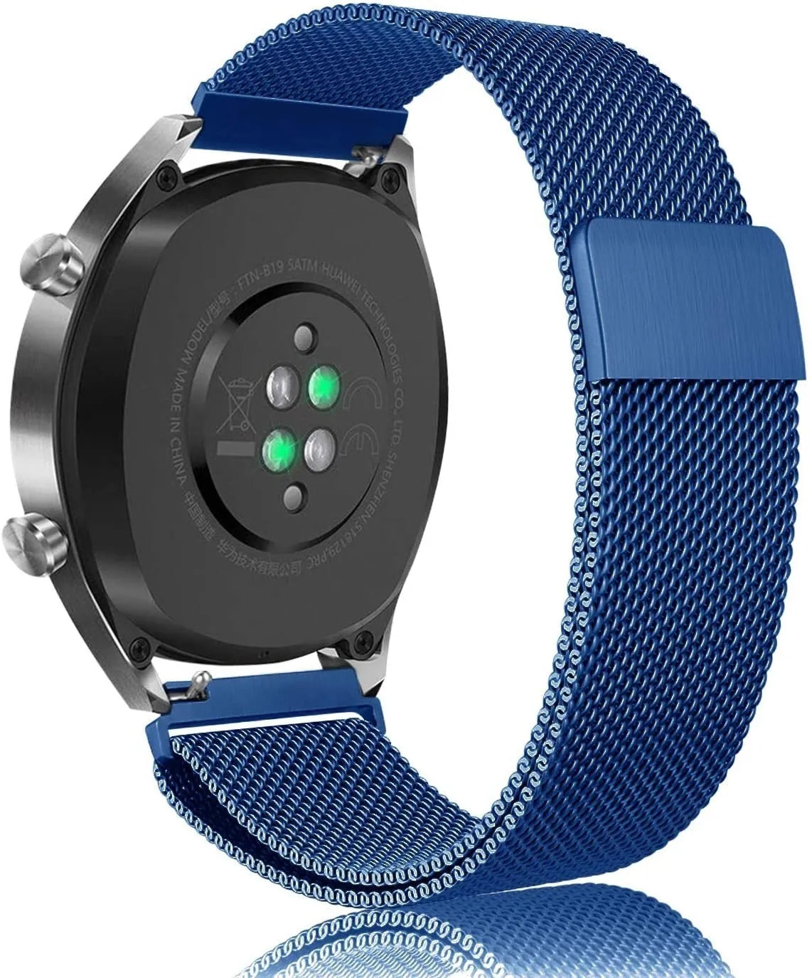 Milanese Strap, blue, on a watch, 3/4 rear view