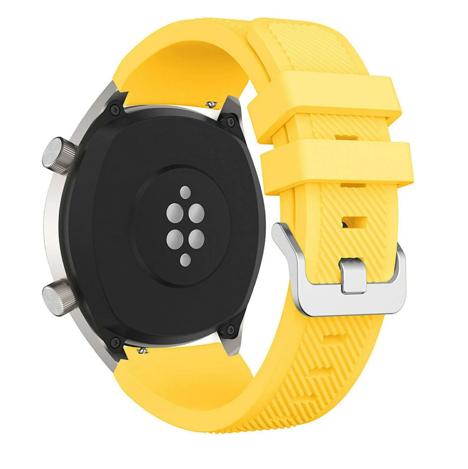 Twill Silicone Strap, yellow, on a watch, 3/4 rear view