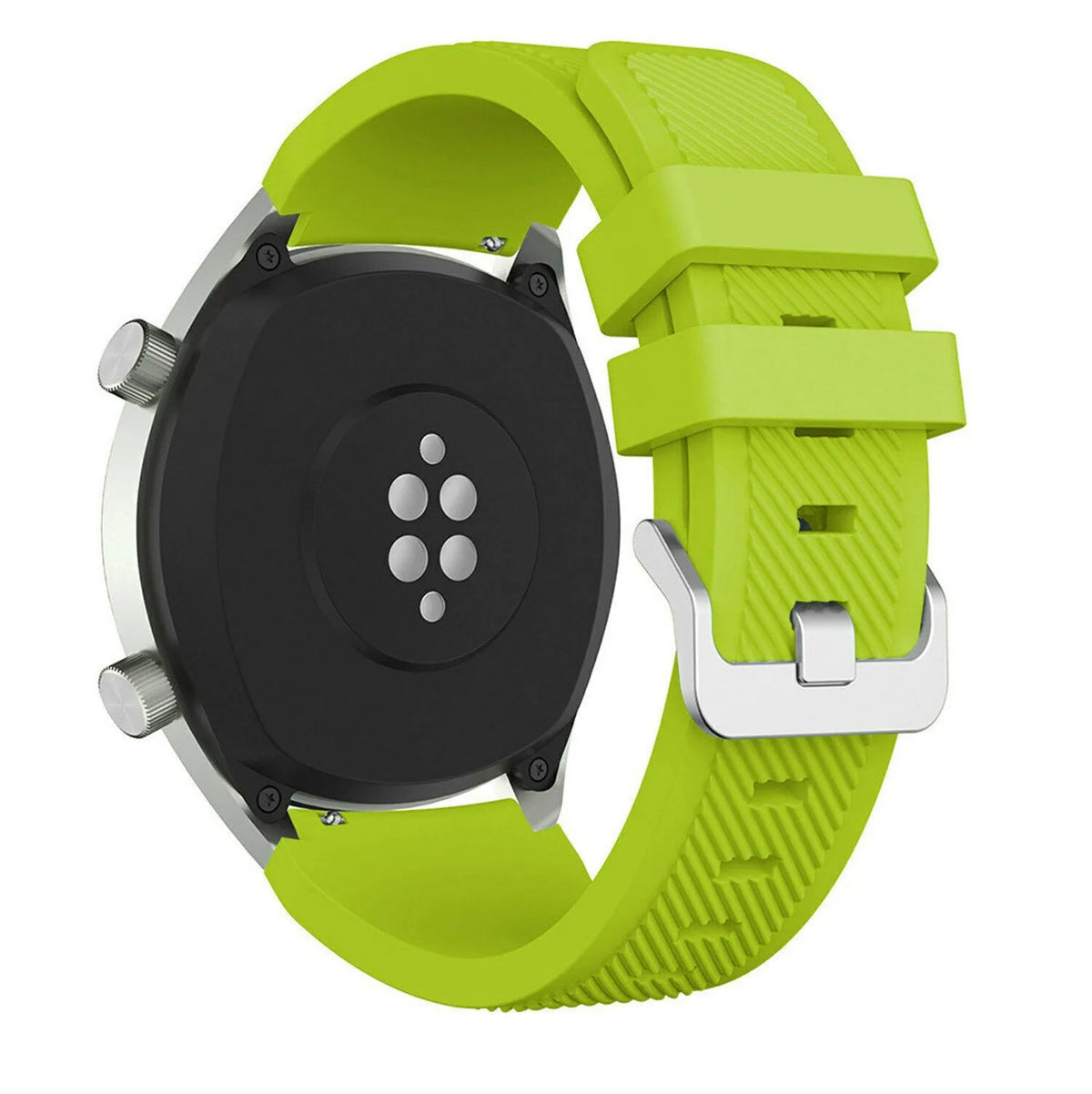 Twill Silicone Strap, light green, on a watch, 3/4 rear view
