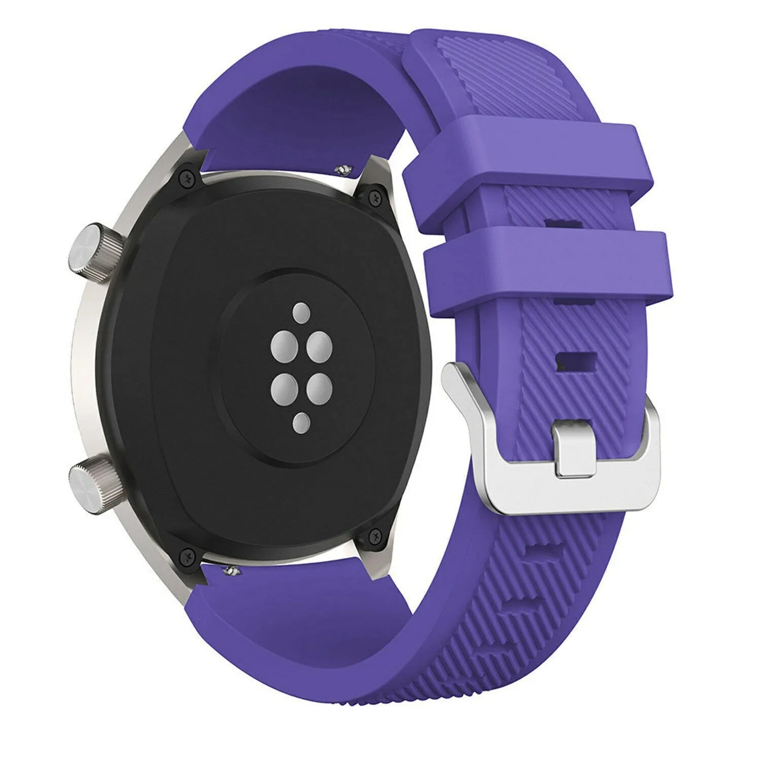 Twill Silicone Strap, purple, on a watch, 3/4 rear view