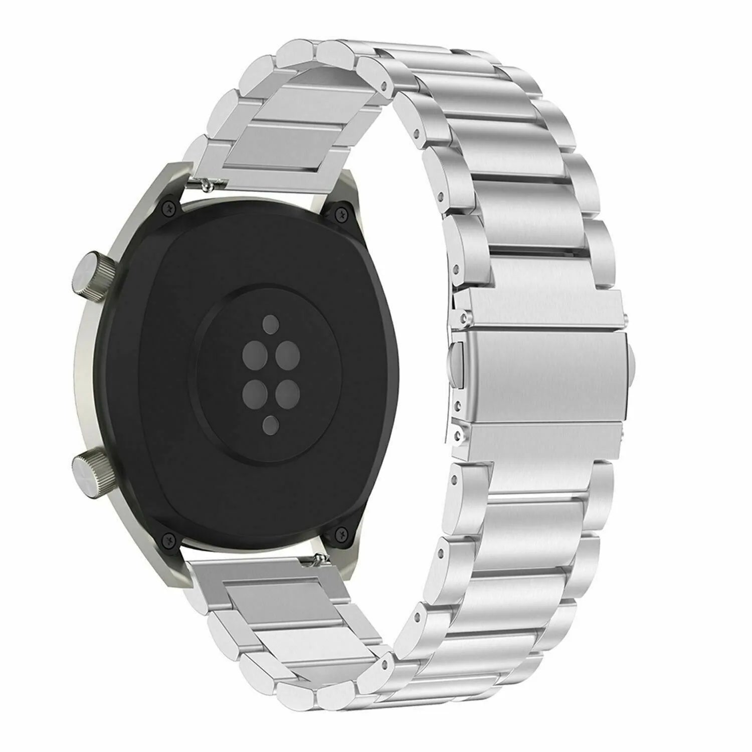 Steel Strap, silver, on a watch, 3/4 rear view