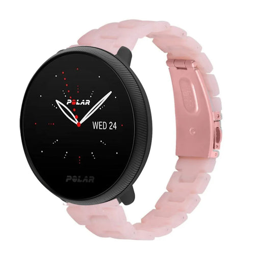 Metal Resin Strap, pink, on a watch, 3/4 rear view