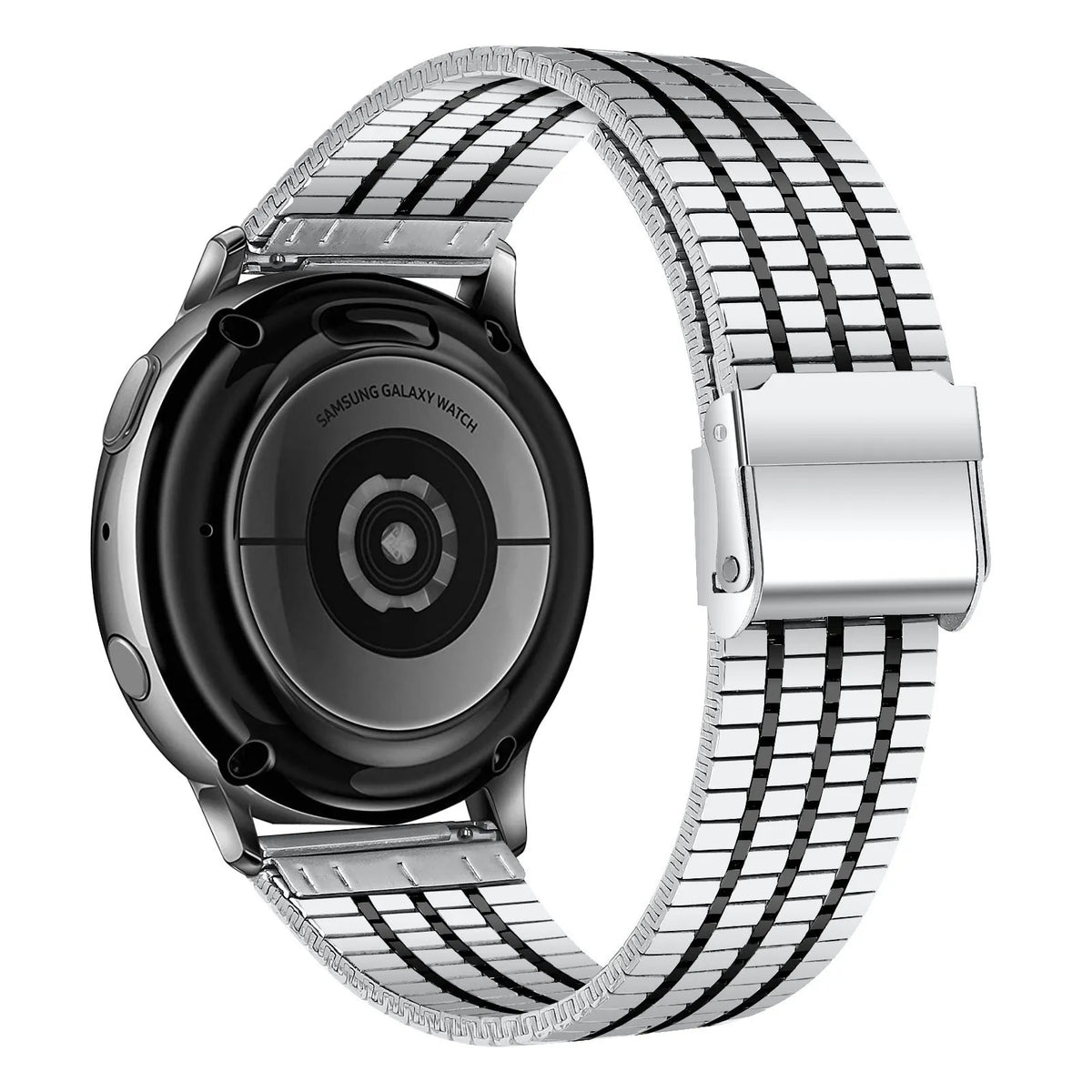 Fine Steel Strap, silver/black, on a watch, 3/4 rear view