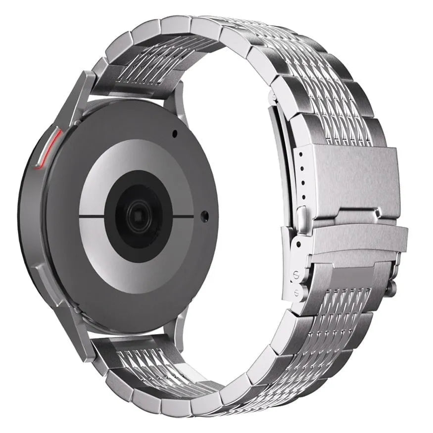 Luxury Steel Link Strap, silver, on a watch, 3/4 rear view