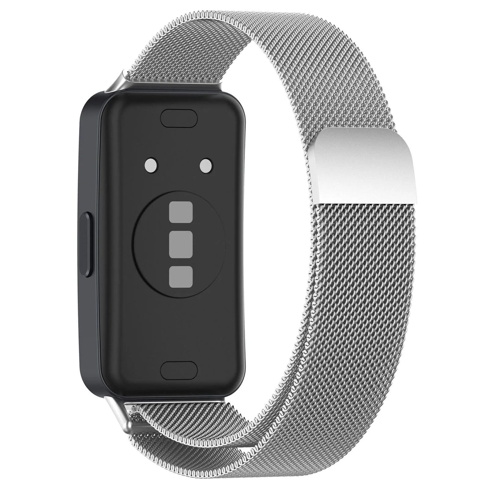 Milanese Strap, silver, on a watch, 3/4 rear view