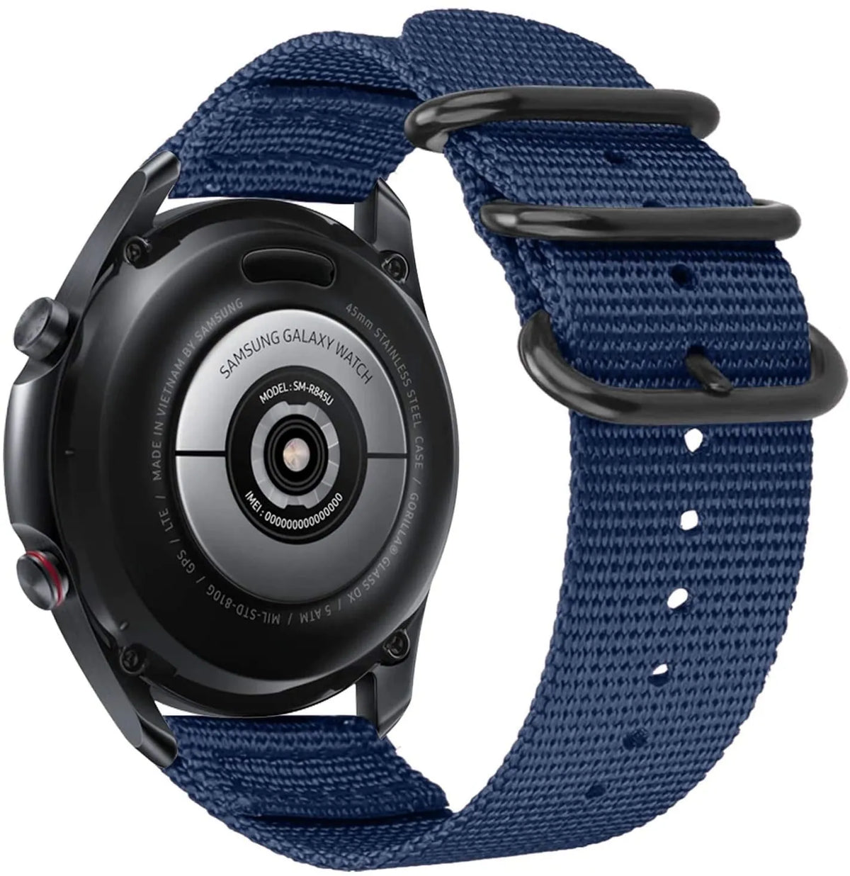 Nylon Buckle Strap, blue, on a watch, 3/4 rear view