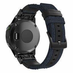 Nylon Hybrid Strap, dark blue, on a watch, 3/4 rear view