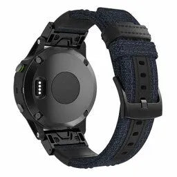 Nylon Hybrid Strap, dark blue, on a watch, 3/4 rear view