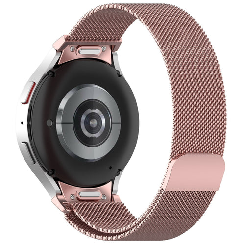 Milanese Strap 'One Push', pink, on a watch, 3/4 rear view