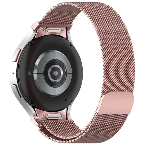 Milanese Strap 'One Push', pink, on a watch, 3/4 rear view