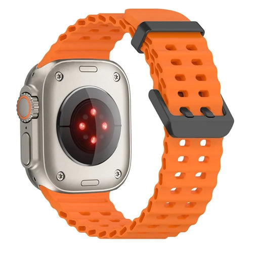Silicone Ocean Strap, orange, on a watch, 3/4 rear view