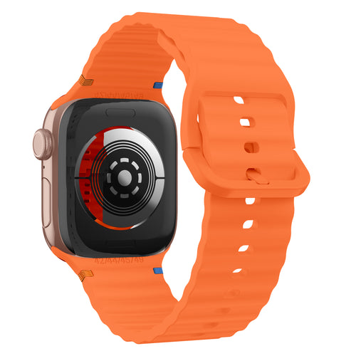Wave Silicone Strap, orange, on a watch, 3/4 rear view