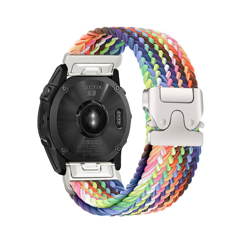 Nylon Braided Strap P-Buckle, rainbow, on a watch, 3/4 rear view