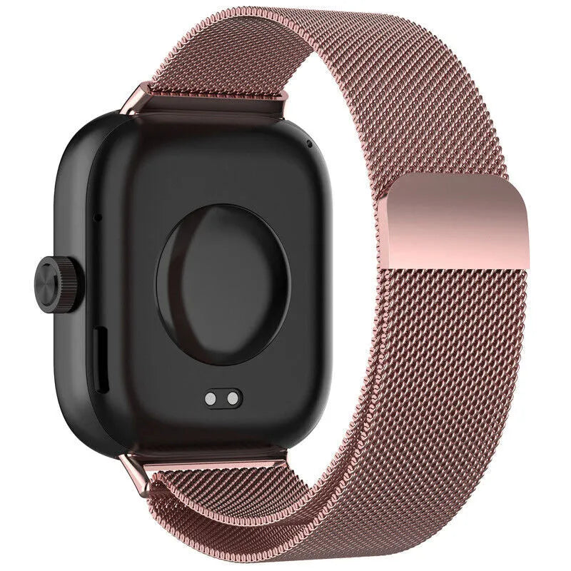 Milanese Strap, pink, on a watch, 3/4 rear view