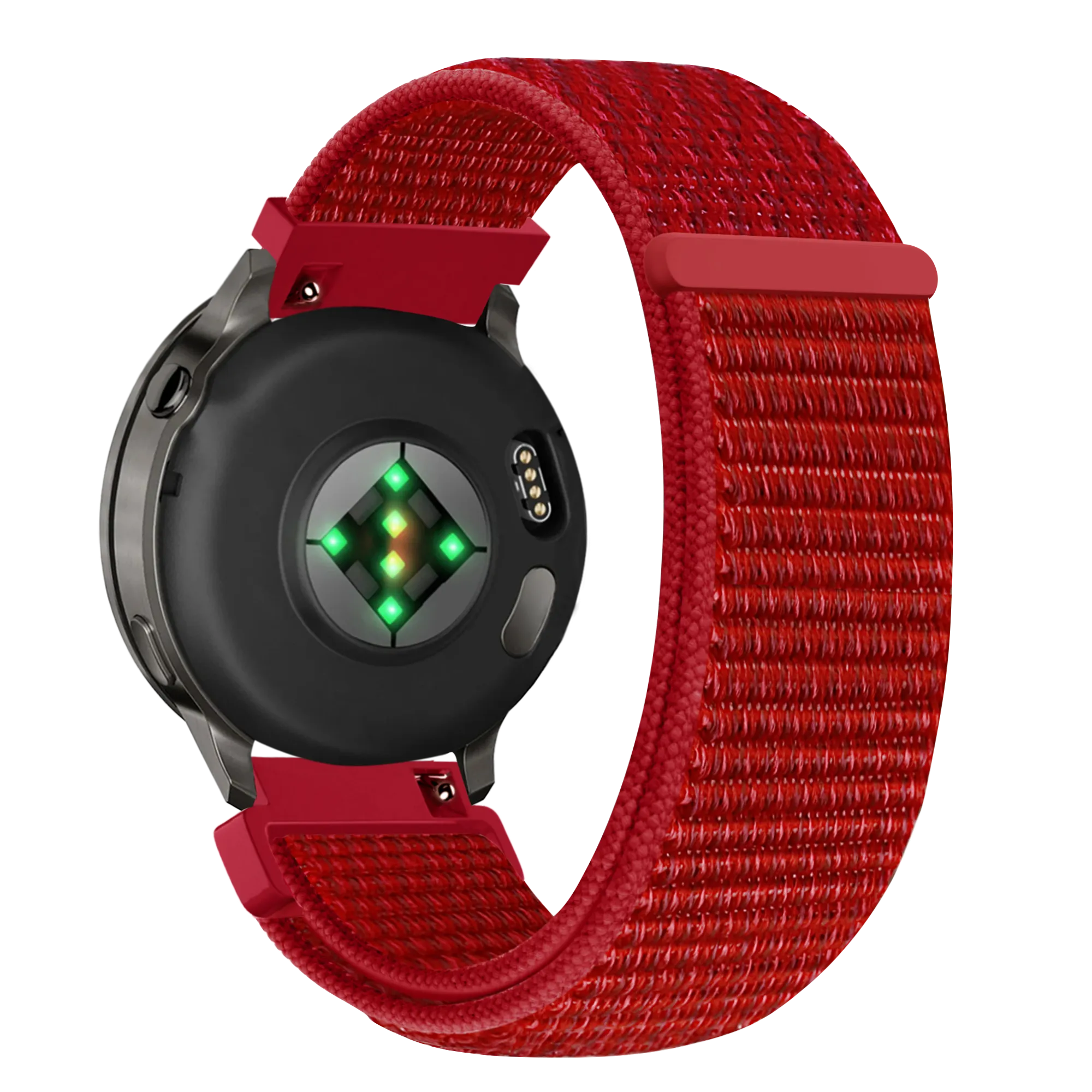 Nylon Loop Strap, red, on a watch, 3/4 rear view
