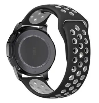 Silicone Sport Strap, black/grey, on a watch, 3/4 rear view
